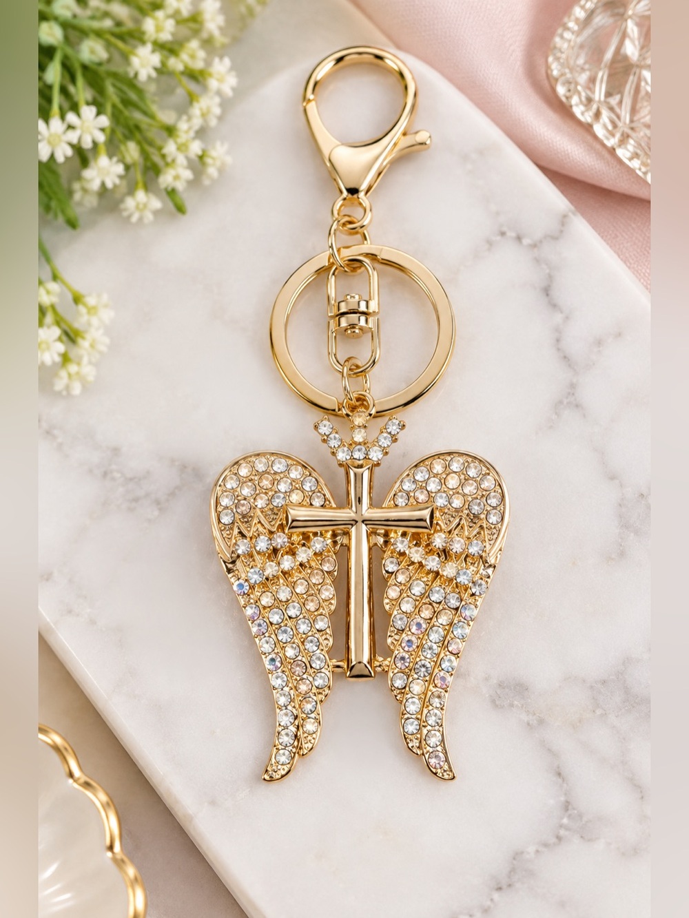 ✨ Gold Angel Wing Cross Rhinestone Keychain